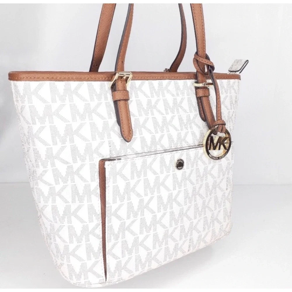 Michael Kors Vanilla MK Signature Logo Jet Set Tote Bag Brown Leather Straps NWT - Picture 3 of 13